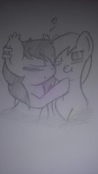 Size: 1080x1920 | Tagged: safe, oc, oc only, oc:mystic blare, oc:sapphire dawn, earth pony, pony, blushing, cute, heart, kissing, monochrome, piercing, shipping, traditional art