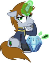 Size: 1791x2290 | Tagged: safe, artist:outlawedtofu, oc, oc only, oc:littlepip, pony, unicorn, fallout equestria, g4, princess twilight sparkle (episode), bobby pin, chest of harmony, clothes, eyeroll, fanfic, fanfic art, female, floppy ears, frown, glowing horn, hooves, horn, jumpsuit, levitation, lockpicking, magic, mare, pipbuck, screwdriver, simple background, sitting, solo, telekinesis, transparent background, vault suit, vector