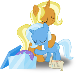 Size: 3138x3000 | Tagged: safe, artist:ruinedomega, idw, sunflower spectacle, trixie, pony, unicorn, g4, spoiler:comic, spoiler:comic40, a, clothes, crying, cute, d, diatrixes, duo, f, female, filly, filly trixie, grades, hat, high res, hug, idw showified, like mother like daughter, like parent like child, mare, mother and daughter, present, simple background, smiling, transparent background, trixie's hat, vector, younger