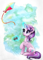 Size: 1500x2122 | Tagged: safe, artist:scheadar, starlight glimmer, pony, unicorn, g4, rock solid friendship, female, glowing horn, horn, kite, kite flying, magic, mare, raised hoof, sitting, solo, that pony sure does love kites, watercolor painting