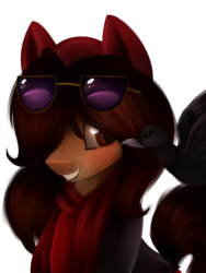 Size: 1135x1511 | Tagged: safe, artist:starchasesketches, oc, oc only, oc:melany, bird, crow, pony, bust, clothes, grin, hat, portrait, profile, roblox, scarf, smiling, solo, suit, sunglasses