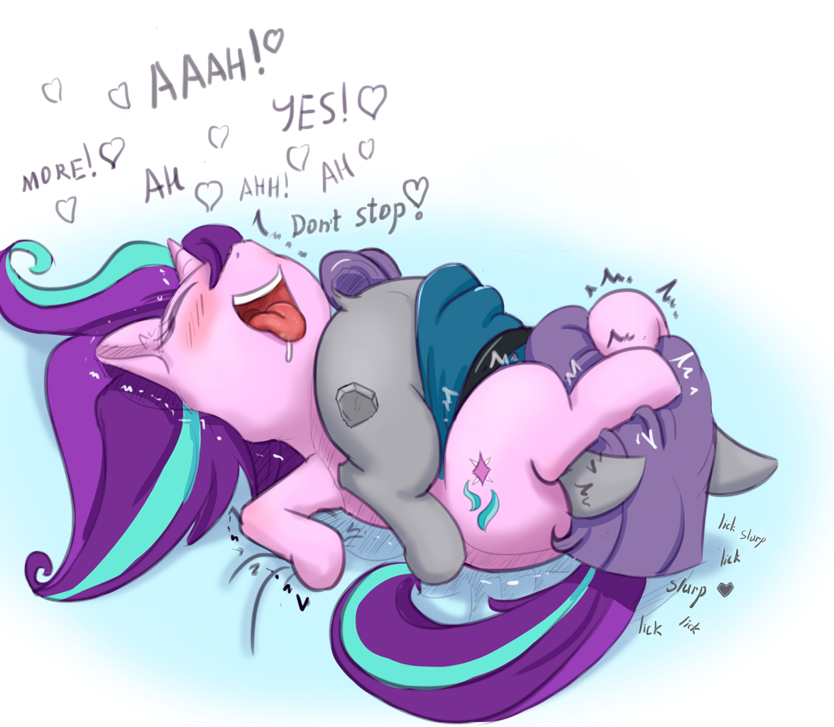 1436697 - explicit, artist:alcor, maud pie, starlight glimmer, pony,  unicorn, 69 position, blushing, clopfic in the comments, cunnilingus, cute,  cute porn, dialogue, drool, female, happy sex, heart, imminent orgasm,  immodest, leg lock,