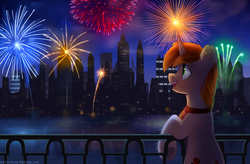 Size: 2445x1601 | Tagged: safe, artist:kaylemi, oc, oc only, pony, building, city, commission, fireworks, night, open mouth, skyscraper, solo, ych result