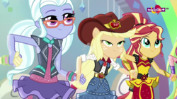 Size: 1366x764 | Tagged: safe, screencap, applejack, pinkie pie, sugarcoat, sunset shimmer, dance magic, equestria girls, g4, spoiler:eqg specials, clothes, dance magic (song), dancing, dress, hat, holding hands, ponied up, teletoon