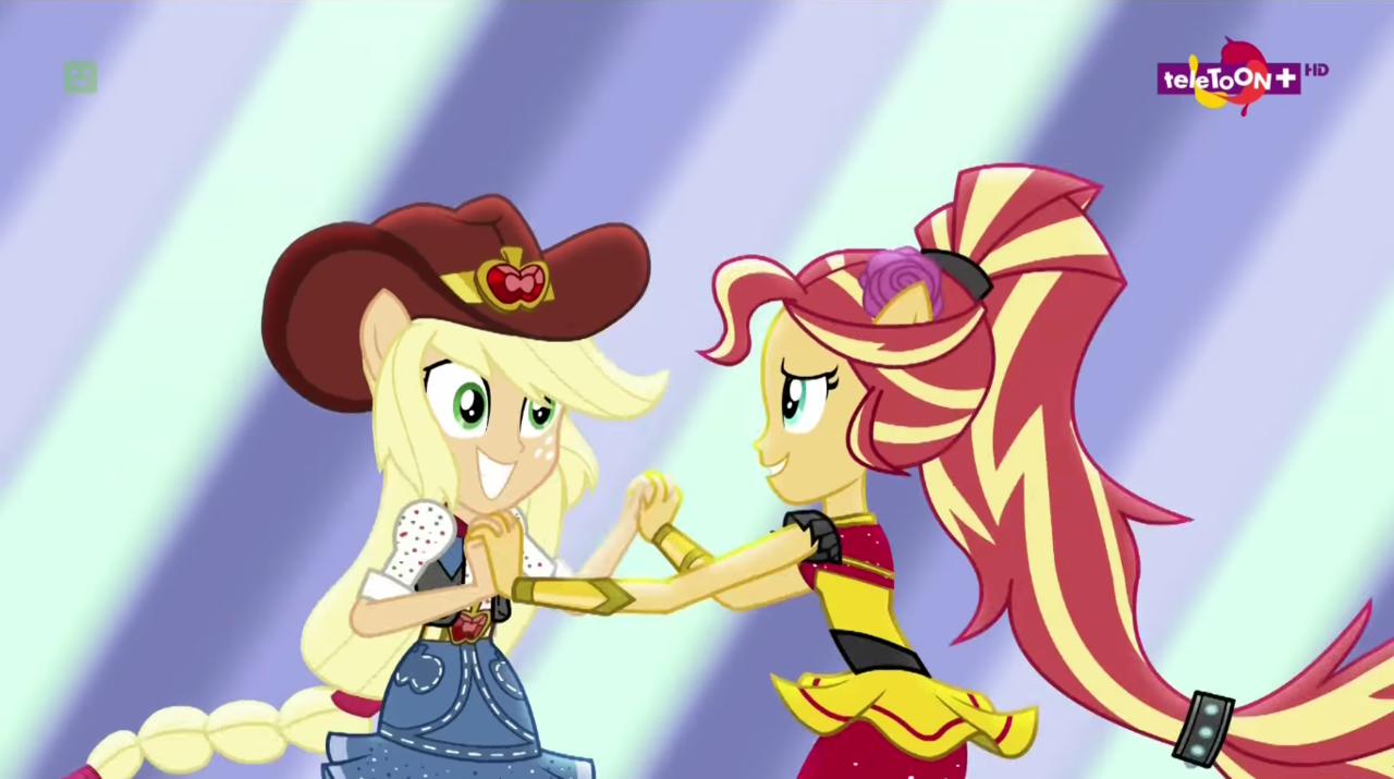 #1436719 - safe, screencap, applejack, sunset shimmer, human, equestria ...