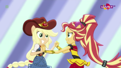 Size: 1366x763 | Tagged: safe, screencap, applejack, sunset shimmer, human, equestria girls, equestria girls specials, g4, my little pony equestria girls: dance magic, alternate hairstyle, clothes, cowboy hat, dance magic (song), dancing, dress, flamenco dress, flower, flower in hair, hat, holding hands, looking at each other, ponied up, skirt, stetson, sunset shimmer flamenco dress, teletoon, tutu, vest