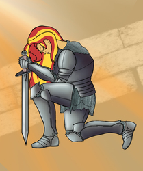 Size: 1000x1198 | Tagged: safe, artist:slamjam, sunset shimmer, human, equestria girls, g4, armor, chainmail, eyes closed, fantasy class, female, greaves, kneeling, knight, paladin, solo, sword, warrior, weapon