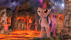 Size: 4000x2250 | Tagged: safe, artist:redaceofspades, twilight sparkle, alicorn, pony, g4, 3d, lava, ruins, scepter, solo, source filmmaker, twilight scepter, twilight sparkle (alicorn), tyrant sparkle