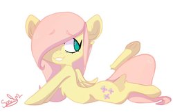 Size: 1024x658 | Tagged: safe, artist:misssmilehaas, fluttershy, pony, g4, backbend, cute, female, flexible, folded wings, hair over one eye, looking back, no pupils, prone, raised leg, shyabetes, simple background, smiling, solo, turned head, underhoof, white background