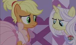 Size: 1144x673 | Tagged: safe, screencap, applejack, lily lace, earth pony, pony, unicorn, g4, honest apple, alternate hairstyle, applejack also dresses in style, clothes, dress, female, mare