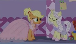 Size: 1134x662 | Tagged: safe, screencap, applejack, lily lace, earth pony, pony, unicorn, g4, honest apple, alternate hairstyle, clothes, dress, female, mare