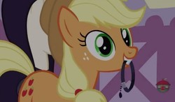Size: 1136x662 | Tagged: safe, screencap, applejack, earth pony, pony, g4, honest apple, collar, female, mare, mouth hold, solo