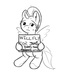 Size: 1280x1493 | Tagged: dead source, safe, artist:yakoshi, lightning dust, pegasus, pony, g4, 30 minute art challenge, depressing, dirty, female, grayscale, lineart, mare, monochrome, sad, sign, simple background, sitting, solo, white background, will x for y