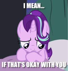 Size: 458x476 | Tagged: safe, edit, edited screencap, screencap, starlight glimmer, pony, unicorn, g4, rock solid friendship, bed, behaving like fluttershy, cropped, cute, female, glimmerbetes, image macro, insecure, mare, meme, solo