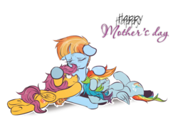 Size: 1400x1000 | Tagged: safe, artist:redheadfly, rainbow dash, scootaloo, windy whistles, pegasus, pony, g4, cute, eyes closed, female, heartwarming, love, mare, mother and daughter, mother's day, on back, prone, scootadoption, scootalove, siblings, simple background, sisters, transparent background, trio, wholesome
