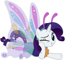 Size: 2450x2264 | Tagged: safe, artist:sonofaskywalker, rarity, butterfly, pony, unicorn, forever filly, g4, clothes, costume, female, glimmer wings, high res, looking at you, mare, one eye closed, pose, rarifly (costume), simple background, smiling, solo, transparent background, vector