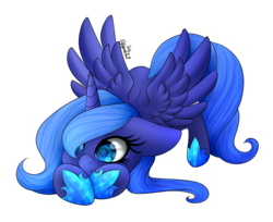 Size: 3160x2580 | Tagged: safe, artist:minelvi, artist:ponedraws, princess luna, pony, g4, collaboration, eye reflection, face down ass up, female, floppy ears, high res, horseshoes, reflection, s1 luna, simple background, solo, spread wings, transparent background, wings