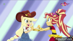 Size: 320x180 | Tagged: safe, screencap, applejack, sunset shimmer, human, equestria girls, equestria girls specials, g4, my little pony equestria girls: dance magic, alternate hairstyle, animated, clothes, cowboy hat, dancing, dress, female, flamenco dress, gif, gif for breezies, hat, holding hands, looking at each other, picture for breezies, ponied up, sunset shimmer flamenco dress, teletoon, tutu