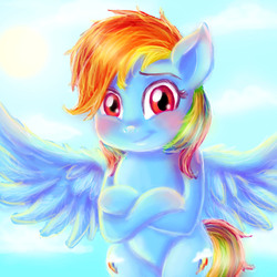 Size: 1418x1418 | Tagged: safe, artist:loveless-nights, rainbow dash, pony, g4, backwards cutie mark, blushing, both cutie marks, crossed legs, female, flying, hind legs, looking at you, smiling, solo