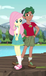 Size: 398x660 | Tagged: safe, artist:limedazzle, artist:themexicanpunisher, fluttershy, timber spruce, equestria girls, g4, legend of everfree, boots, camp everfree outfits, clothes, cute, female, lake, male, mountain, mountain range, pier, raised leg, request, shipping, shoes, shorts, show accurate, sneakers, socks, straight, timbershy, tree