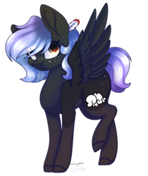 Size: 1341x1599 | Tagged: safe, artist:ohhoneybee, artist:ohsushime, oc, oc only, oc:cloudy night, pegasus, pony, collaboration, feather, female, mare, open collaboration, raised leg, simple background, solo, spread wings, transparent background, wings