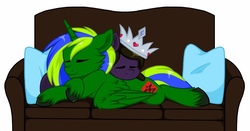 Size: 1280x672 | Tagged: safe, artist:melodytheartpony, artist:violetscratch, oc, oc only, alicorn, earth pony, pony, couch, crown, cuddling, duo, jewelry, male, pillow, regalia, sleeping, stallion