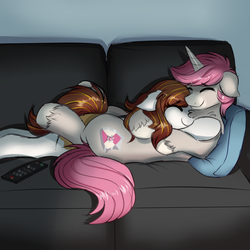 Size: 1000x1000 | Tagged: safe, artist:confetticakez, oc, oc only, oc:intrepid charm, oc:raven sun, earth pony, pony, unicorn, couch, cuddling, duo, eyes closed, female, male, mare, remote, snuggling, stallion