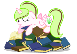 Size: 835x589 | Tagged: safe, artist:duyguusss, oc, oc only, oc:dakota chaos, alicorn, pony, base used, book, book nest, female, mare, simple background, sleeping, solo, transparent background