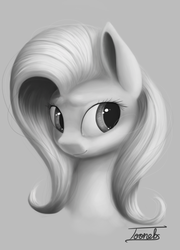 Size: 1294x1799 | Tagged: safe, artist:toonebs, fluttershy, pony, g4, bust, female, grayscale, looking away, looking sideways, monochrome, portrait, simple background, solo