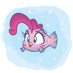 Size: 1280x1280 | Tagged: safe, artist:heir-of-rick, pinkie pie, fish, g4, :p, big eyes, blush sticker, blushing, bubble, cute, diapinkes, female, fishified, maybe salmon, smiling, smirk, solo, species swap, swimming, tongue out, underwater