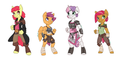 Size: 1440x690 | Tagged: safe, artist:joan-grace, apple bloom, babs seed, scootaloo, sweetie belle, earth pony, anthro, unguligrade anthro, g4, alternate universe, armor, armor skirt, clothes, cutie mark crusaders, freckles, hoof hands, pirate, rebellion, scar, simple background, skirt, skirtaloo, white background