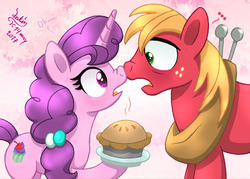 Size: 1260x900 | Tagged: safe, artist:joakaha, big macintosh, sugar belle, earth pony, pony, unicorn, g4, hard to say anything, blushing, boop, female, food, freckles, male, mare, noseboop, open mouth, pie, plate, ship:sugarmac, shipping, signature, stallion, straight