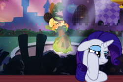 Size: 8880x5980 | Tagged: safe, artist:asika-aida, applejack, rarity, pony, g4, honest apple, absurd resolution, audience, clothes, dress, female, mare, modeling, smiling, unamused