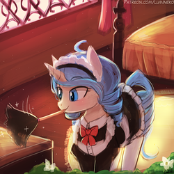 Size: 750x750 | Tagged: safe, artist:lumineko, oc, oc only, oc:opuscule antiquity, pony, unicorn, bed, bedroom, cleaning, clothes, curtains, drawer, duster, female, maid, mare, mouth hold, patreon, solo, window