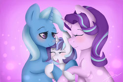 Size: 1024x683 | Tagged: safe, artist:phantomaura8166, starlight glimmer, trixie, oc, oc:dove, pony, unicorn, kilalaverse, g4, female, lesbian, magical lesbian spawn, mare, mother and daughter, offspring, parent:starlight glimmer, parent:trixie, parents:startrix, ship:startrix, shipping