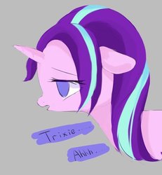 Size: 400x433 | Tagged: safe, artist:leafywind, starlight glimmer, pony, all bottled up, g4, dialogue, female, gray background, messy mane, no pupils, sad, simple background, solo, tired