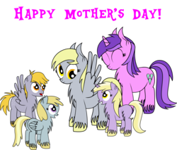 Size: 2601x2214 | Tagged: safe, artist:dinkyuniverse, amethyst star, chirpy hooves, crackle pop, derpy hooves, dinky hooves, sparkler, pegasus, pony, unicorn, g4, chest fluff, equestria's best family, equestria's best mother, family, female, high res, mare, mother, mother and daughter, mother and son, mother's day, mothers day 2017, simple background, transparent background, unshorn fetlocks