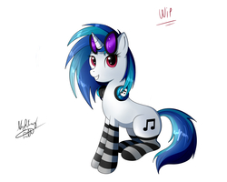 Size: 2000x1600 | Tagged: safe, artist:ollofkyser, dj pon-3, vinyl scratch, pony, unicorn, g4, blue hair, clothes, cute, female, glasses, headphones, headset, looking at you, mare, red eyes, simple background, sitting, smiling, socks, solo, striped socks, vinylbetes, white background
