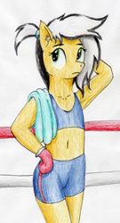 Size: 1503x2786 | Tagged: safe, artist:40kponyguy, derpibooru exclusive, oc, oc only, oc:uppercute, earth pony, anthro, semi-anthro, armpits, belly button, boxing gloves, clothes, female, mare, midriff, simple background, solo, sports bra, sports shorts, towel, traditional art, white background