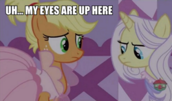 Size: 849x500 | Tagged: safe, edit, edited screencap, screencap, applejack, lily lace, earth pony, pony, unicorn, g4, honest apple, alternate hairstyle, clothes, dress, duo, female, image macro, mare, meme, my eyes are up here