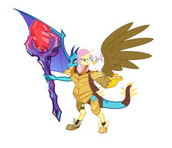 Size: 2761x2369 | Tagged: safe, artist:theunknowenone1, fluttershy, gilda, princess ember, dragon, g4, conjoined, fusion, guardian, high res, multiple heads, not salmon, the last guardian, three heads, wat, we have become one, what has magic done, xk-class end-of-the-world scenario