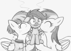 Size: 1651x1189 | Tagged: safe, artist:lockerobster, rainbow dash, scootaloo, windy whistles, pegasus, pony, g4, blushing, cheek kiss, clothes, eyes closed, female, filly, freckles, grayscale, kiss sandwich, kissing, mare, monochrome, platonic kiss, scootadoption, scootalove, siblings, sisters, sitting, spread wings, traditional art, wingboner, wings