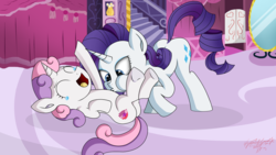 Size: 3264x1836 | Tagged: safe, artist:zsparkonequus, rarity, sweetie belle, pony, unicorn, g4, butt, carousel boutique, crying, cute, diasweetes, duo, female, filly, laughing, mare, on back, plot, raribetes, request, requested art, sibling love, siblings, sisterly love, sisters, tears of laughter, tickling, tummy buzz