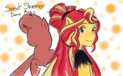 Size: 1280x800 | Tagged: safe, artist:angeltorchic, sunset shimmer, pony, equestria girls, equestria girls specials, g4, my little pony equestria girls: dance magic, clothes, cute, female, looking at you, mare, ponied up, pony ears, raised hoof, silhouette, smiling