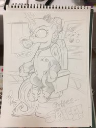 Size: 768x1024 | Tagged: safe, artist:andypriceart, princess luna, pony, g4, andy you magnificent bastard, clothes, coffee, cosplay, costume, crossover, female, kathryn janeway, solo, star trek, star trek: voyager, traditional art