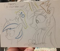 Size: 1024x879 | Tagged: safe, artist:andy price, minuette, princess celestia, alicorn, pony, g4, andy you magnificent bastard, female, fourth wall, how, mare, sillestia, silly, toothbrush, toothpaste, traditional art, trollestia