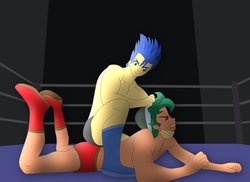 Size: 1600x1163 | Tagged: safe, artist:supermaxx92, flash sentry, timber spruce, equestria girls, g4, clothes, fight, gay, male, ship:timberflash, shipping, speedo, underwear, wrestler, wrestling, wrestling ring