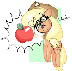 Size: 1280x1256 | Tagged: safe, artist:hattsy, applejack, earth pony, pony, g4, apple, appul, cowboy hat, dialogue, female, food, hat, open mouth, solo, stetson, sweat, that pony sure does love apples, wingding eyes