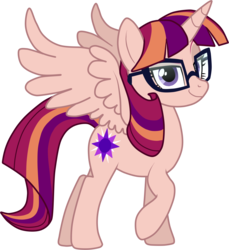 Size: 2147x2342 | Tagged: safe, artist:namyg, oc, oc only, oc:violet sunrise, alicorn, pony, alicorn oc, female, glasses, high res, looking at you, magical lesbian spawn, mare, next generation, offspring, parent:sci-twi, parent:sunset shimmer, parents:scitwishimmer, raised hoof, simple background, smiling, transparent background, vector