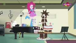 Size: 1920x1080 | Tagged: safe, screencap, pinkie pie, equestria girls, equestria girls specials, g4, my little pony equestria girls: dance magic, balloon, book, boots, bracelet, cake, castle, chocolate, chocolate cake, clothes, cute, female, food, high heel boots, jewelry, lidded eyes, music notes, musical instrument, piano, raised leg, skirt, solo, teletoon, twilight's castle